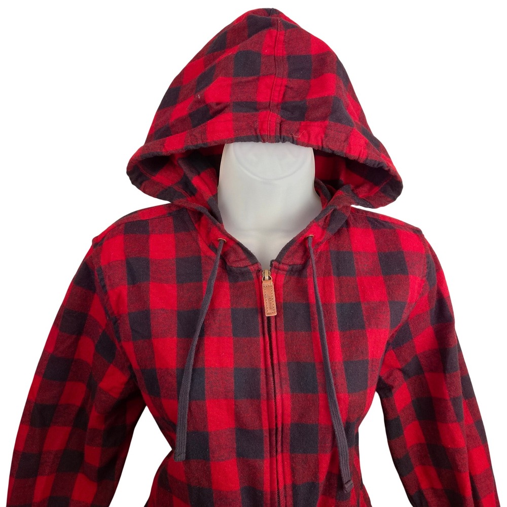 LL Bean Womens Red Black Buffalo Plaid Flannel Full Zip Hoodie Jacket M 502092